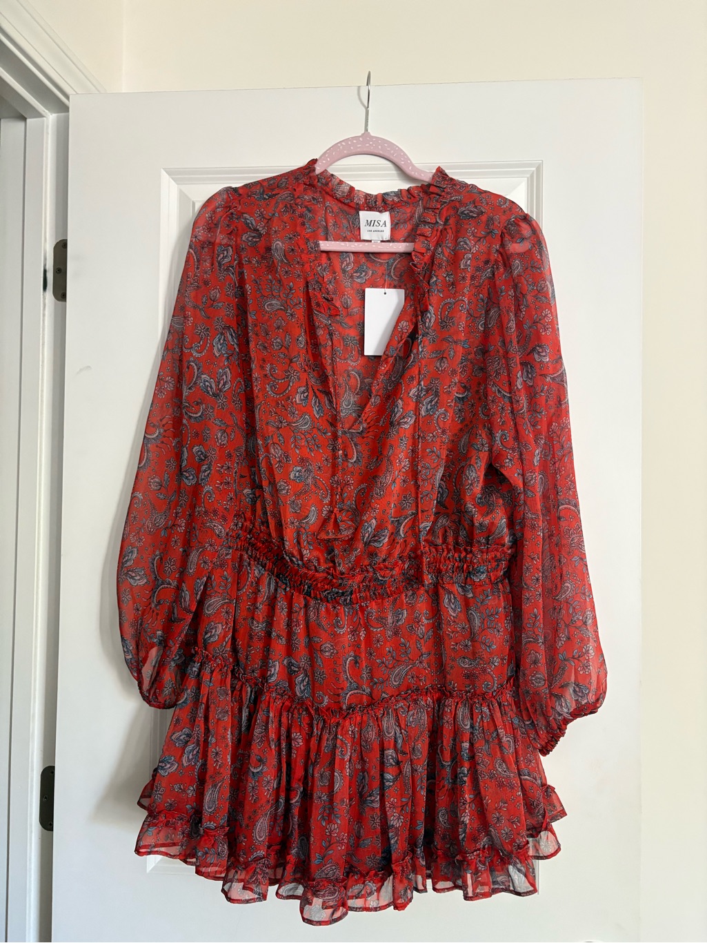 Misa Los Angeles Red Paisley Ruffled Mini Dress